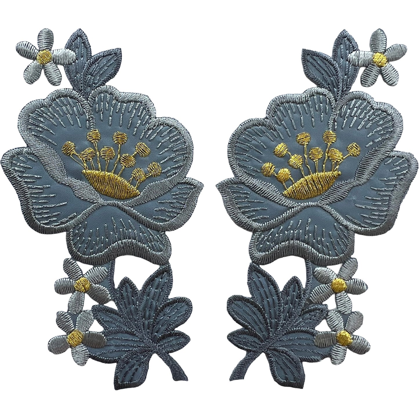 Pair of Grey Gold Flower Patches Iron Sew On Clothes Flowers Embroidered Patch
