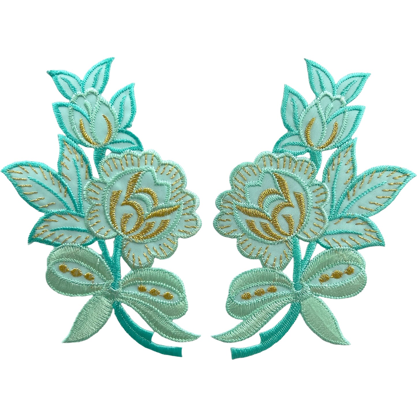 Pair of Turquoise Green Flower Patches Iron Sew On Clothes Flowers Patch Badge