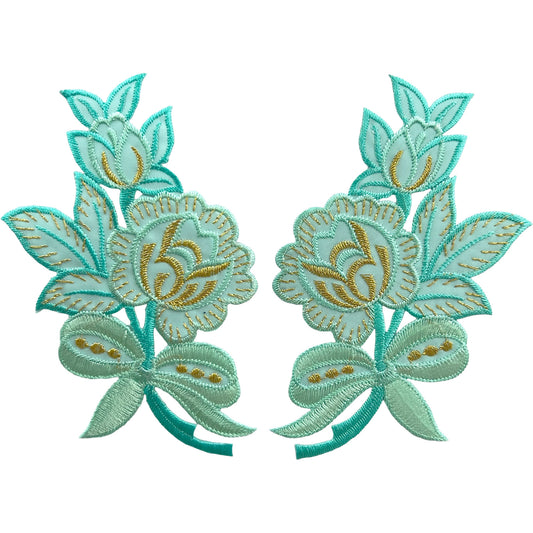 Pair of Turquoise Green Flower Patches Iron Sew On Clothes Flowers Patch Badge