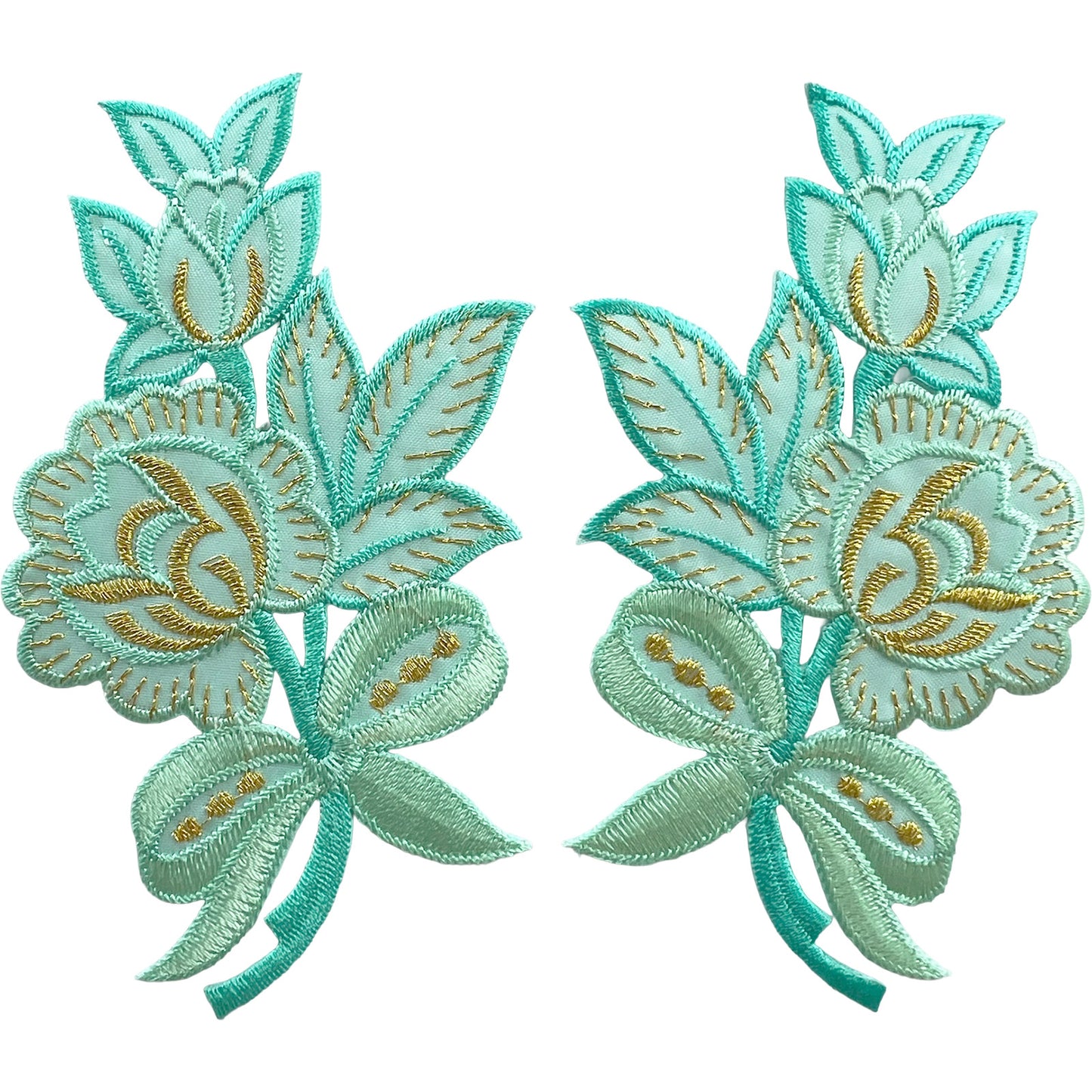Pair of Turquoise Green Flower Patches Iron Sew On Clothes Flowers Patch Badge