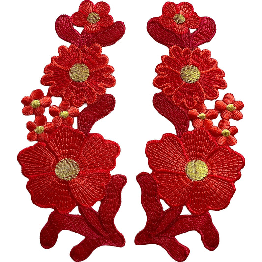 Pair of Red Flower Patches Iron On Sew On Denim Jeans Jacket Flowers Patch Badge