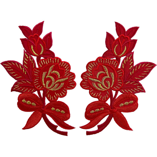 Pair of Red Flower Patches Iron On Sew On Denim Jeans Crafts Flowers Patch Badge