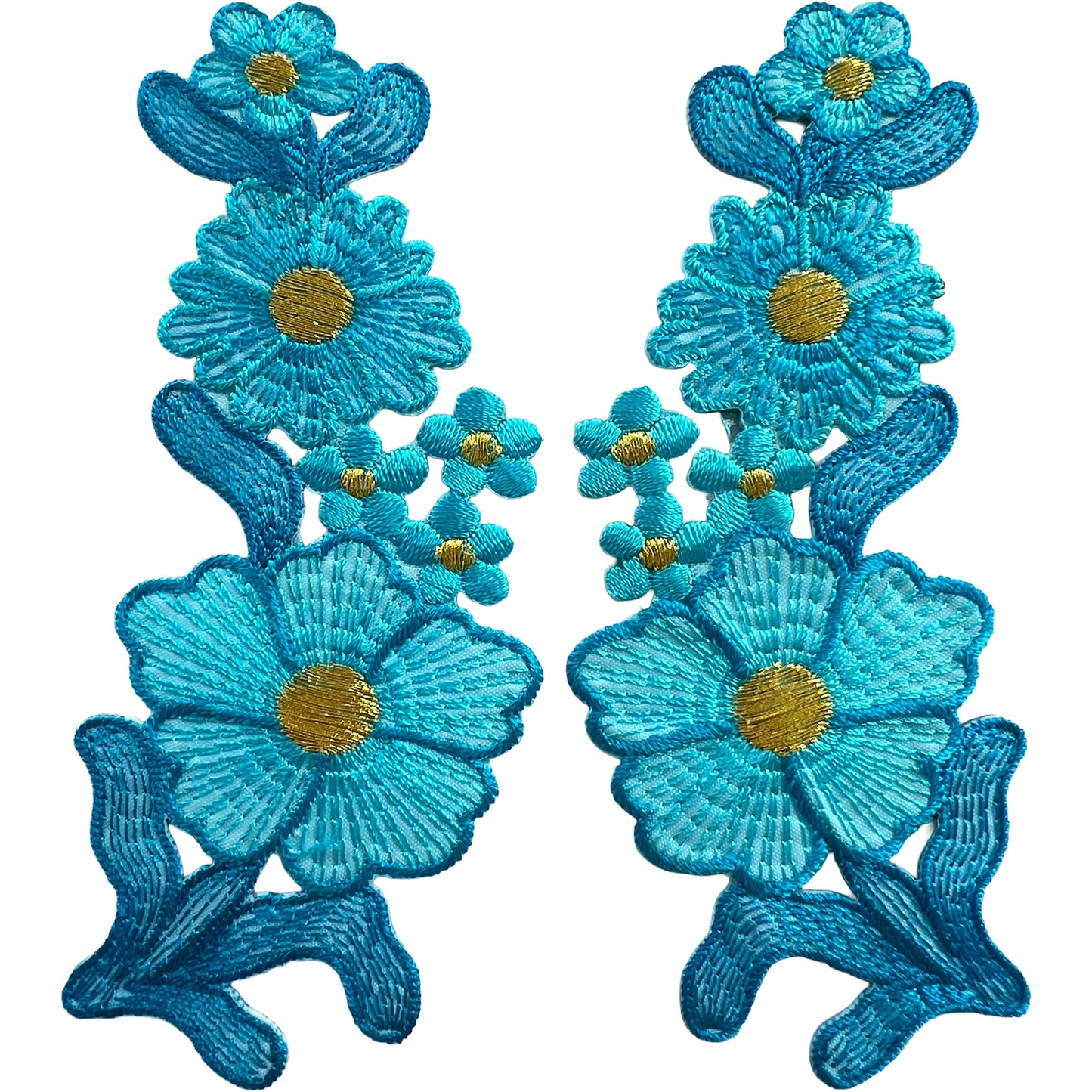 Pair of Turquoise Blue Flower Patches Iron On Sew On Clothes Flowers Patch Badge