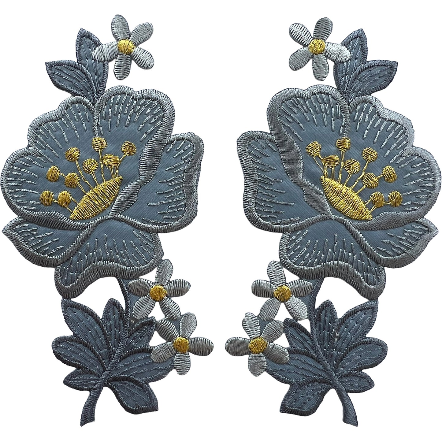 Pair of Grey Gold Flower Patches Iron Sew On Clothes Flowers Embroidered Patch