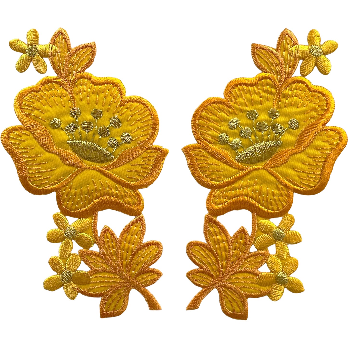 Pair of Orange Yellow Gold Flower Patches Iron Sew On Flowers Embroidered Patch