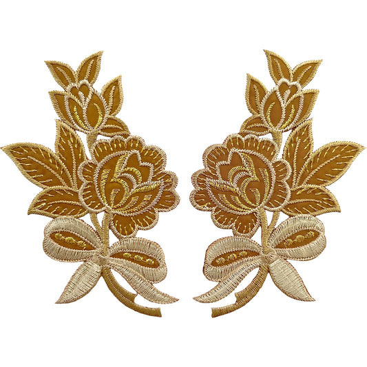 Pair of Beige Brown Flower Patches Iron Sew On Clothes Bag Flowers Patch Badge