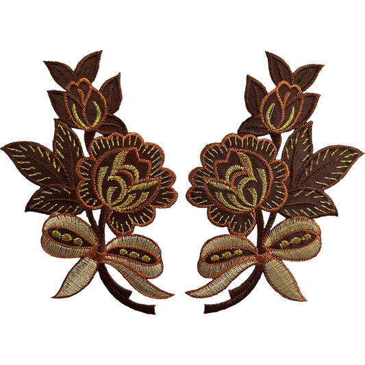 Pair of Brown Flower Patches Iron Sew On Clothes Jeans Bag Flowers Patch Badge