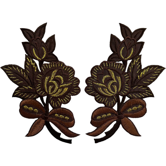 Pair of Brown Flower Patches Iron Sew On Clothes Crafts Bag Flowers Patch Badge