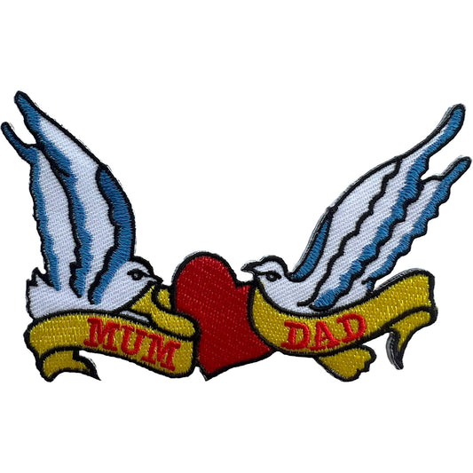 Swallows Mum Dad Iron Sew On Embroidered Patch Birds Red Love Heart Tattoo Badge