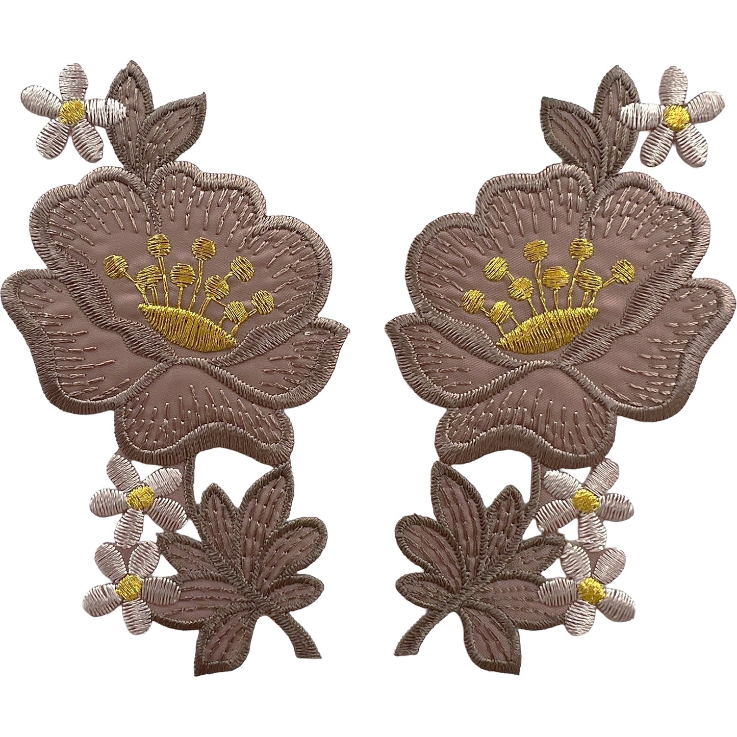 Pair of Pink Brown Gold Flower Patches Iron Sew On Flowers Clothes Crafts Patch
