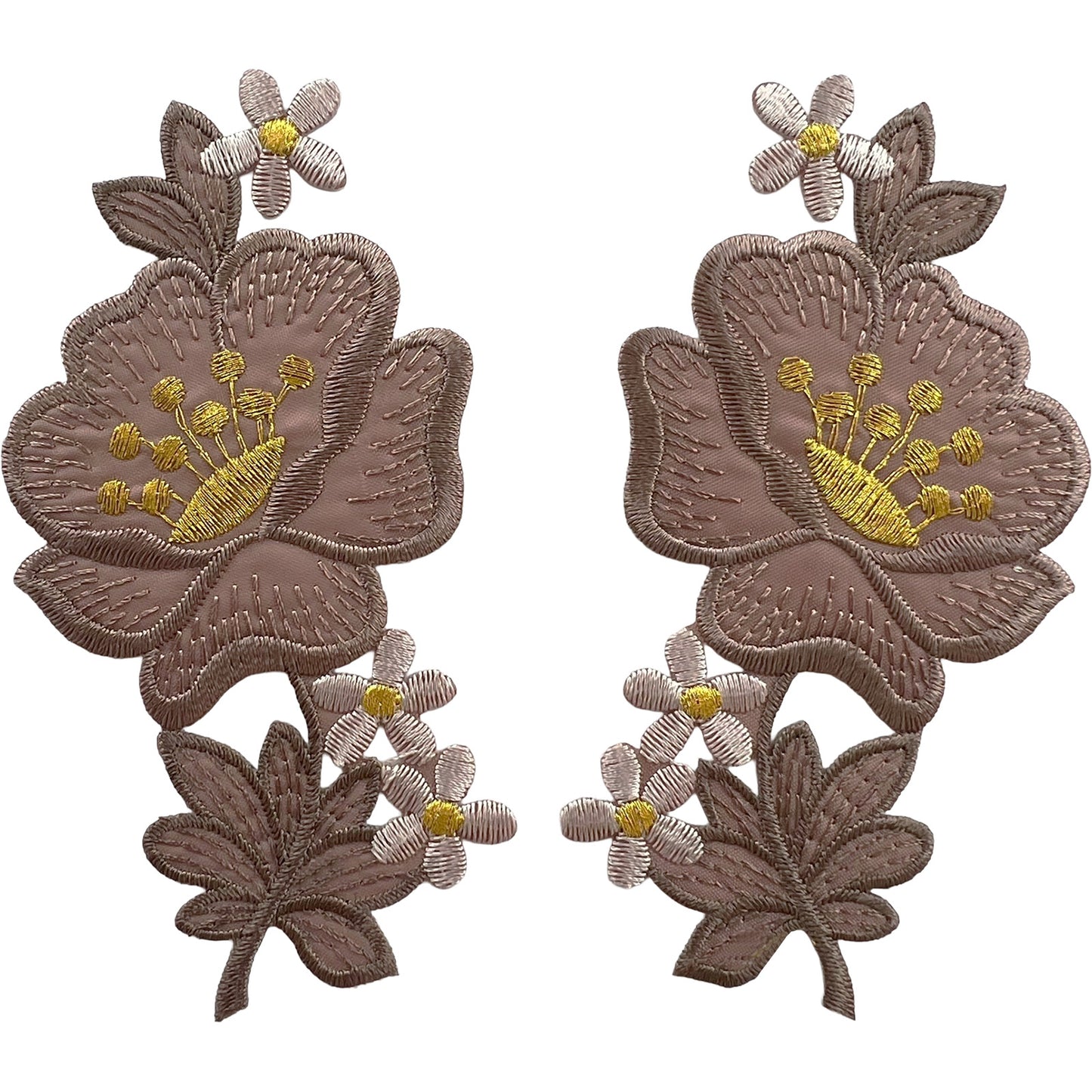 Pair of Pink Brown Gold Flower Patches Iron Sew On Flowers Clothes Crafts Patch
