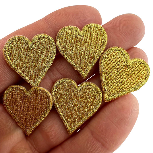 5 X Mini Gold Love Heart Patches Iron Sew On Cloth Small Hearts Tiny Badge Patch