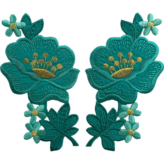 Pair of Turquoise Green Gold Flower Patches Iron Sew On Clothes Flowers Patch
