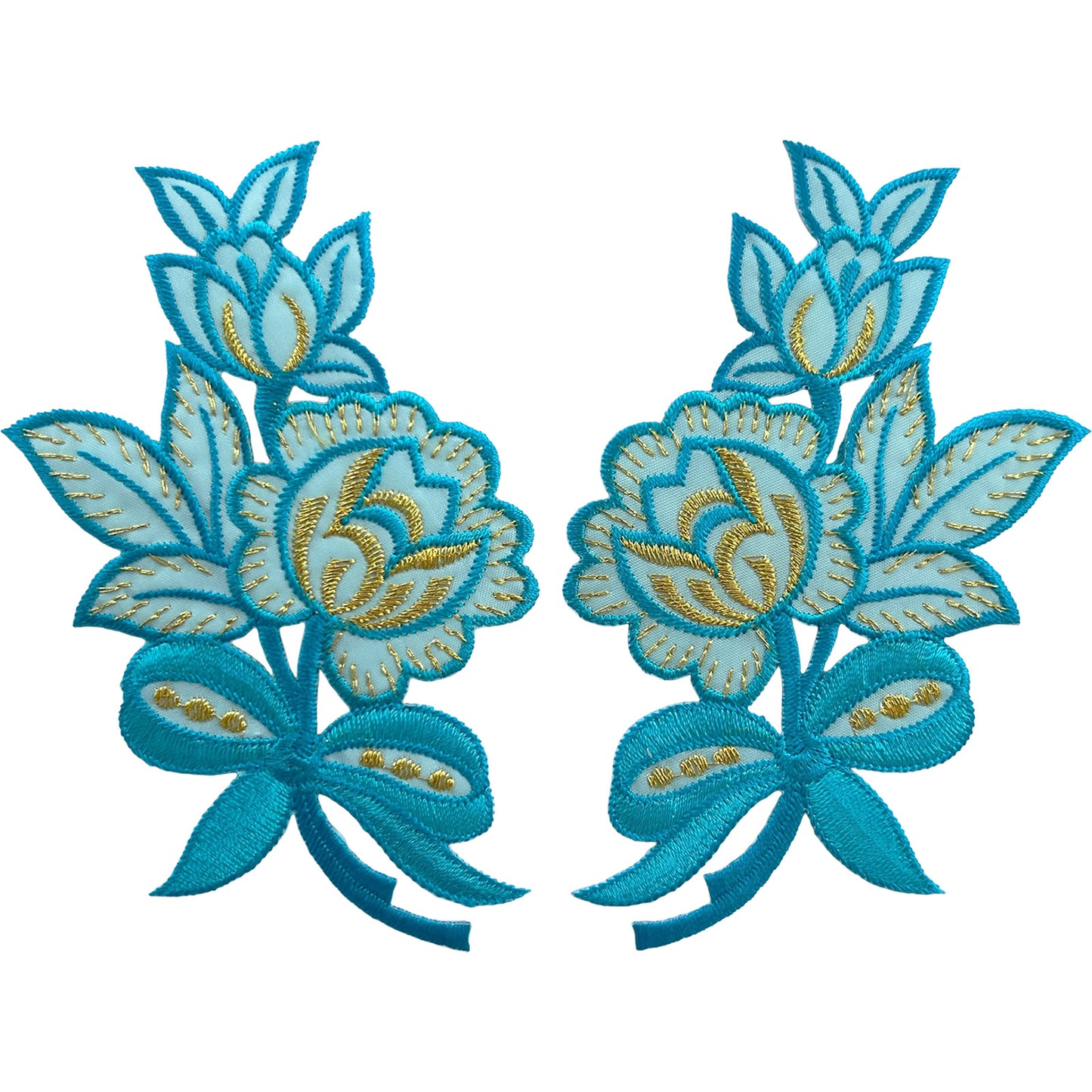 Pair of Turquoise Blue Flower Patches Iron Sew On Clothes Flowers Patch Badge
