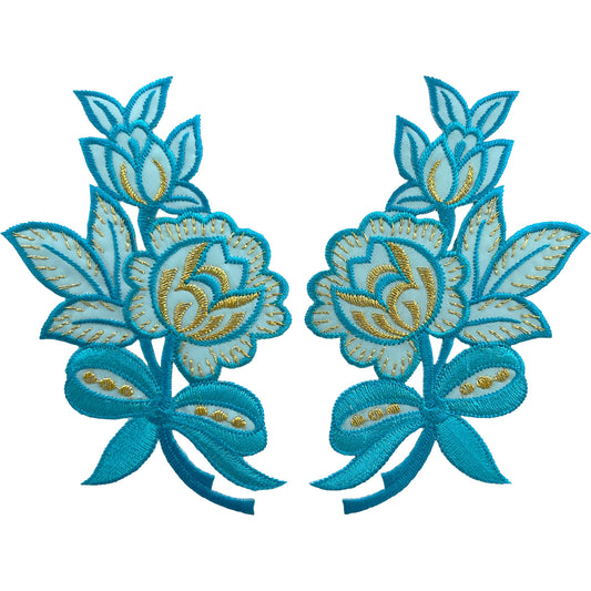 Pair of Turquoise Blue Flower Patches Iron Sew On Clothes Flowers Patch Badge