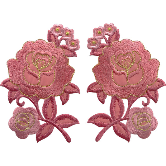 Pair of Pink Flower Patches Iron Sew On Dress T Shirt Hoodie Flowers Patch Badge
