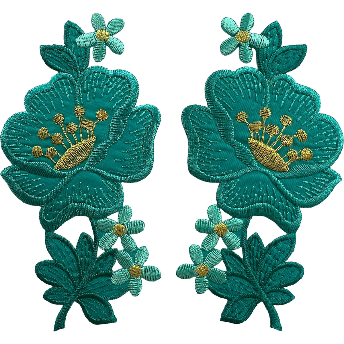 Pair of Turquoise Green Gold Flower Patches Iron Sew On Clothes Flowers Patch