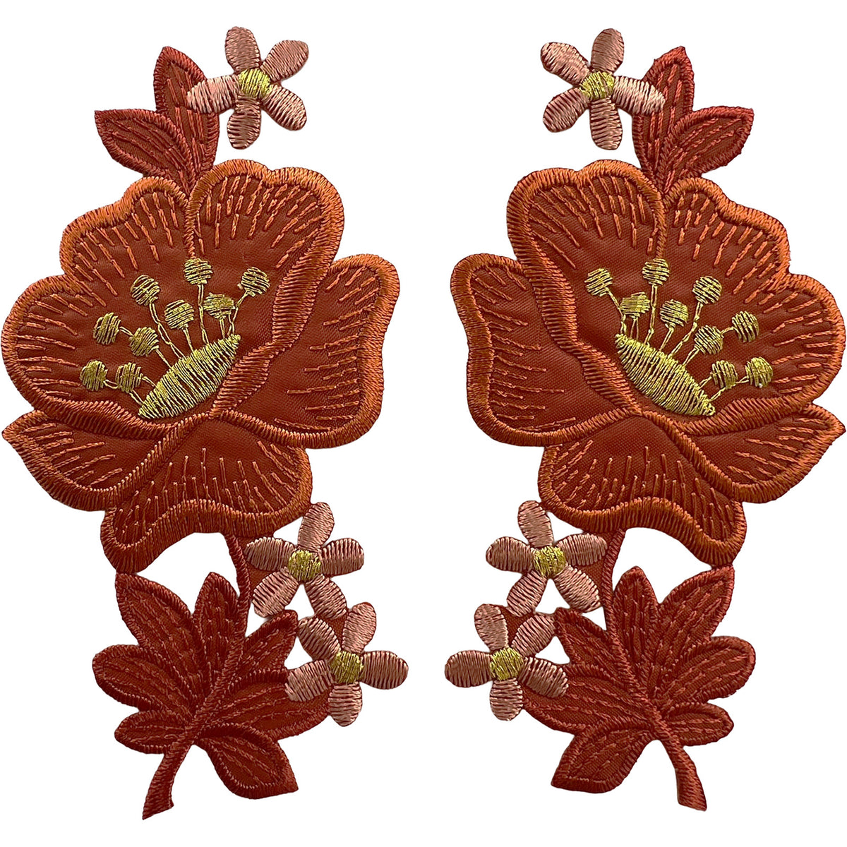 Pair of Orange Brown Gold Flower Patches Iron Sew On Flowers Embroidery Patch