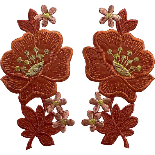 Pair of Orange Brown Gold Flower Patches Iron Sew On Flowers Embroidery Patch
