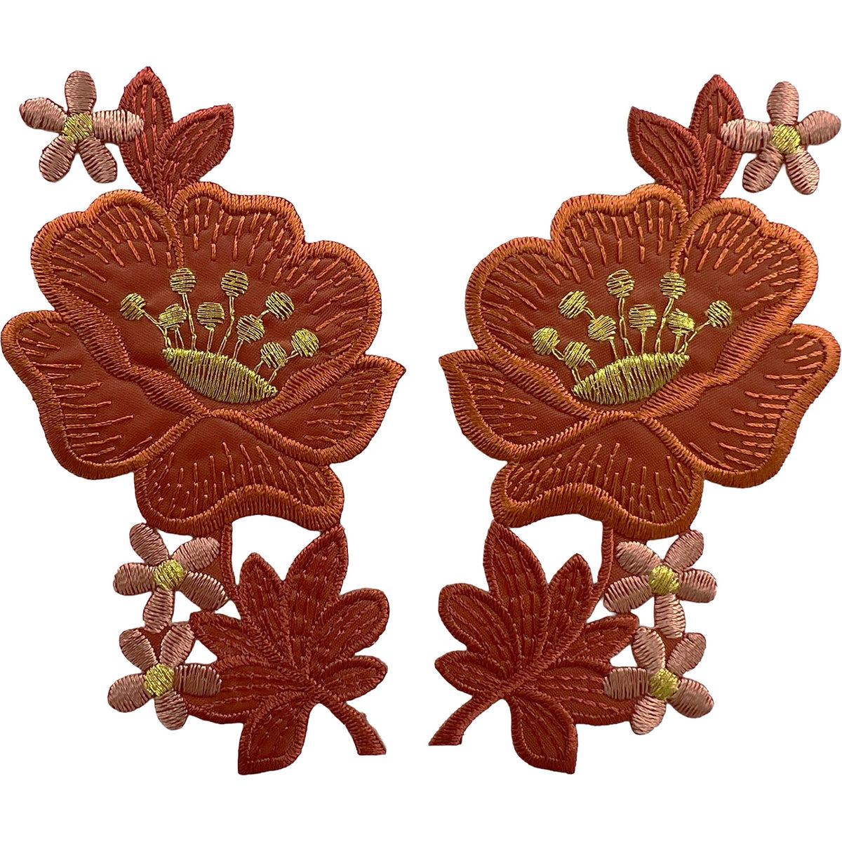 Pair of Orange Brown Gold Flower Patches Iron Sew On Flowers Embroidery Patch