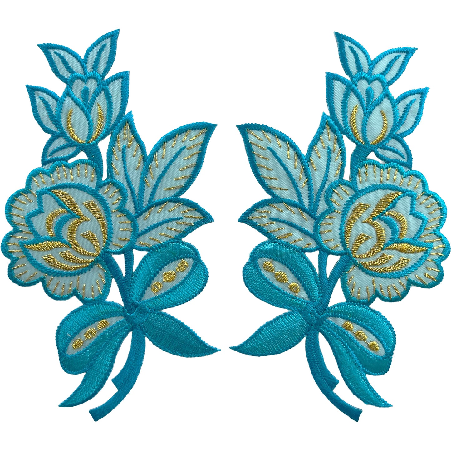 Pair of Turquoise Blue Flower Patches Iron Sew On Clothes Flowers Patch Badge