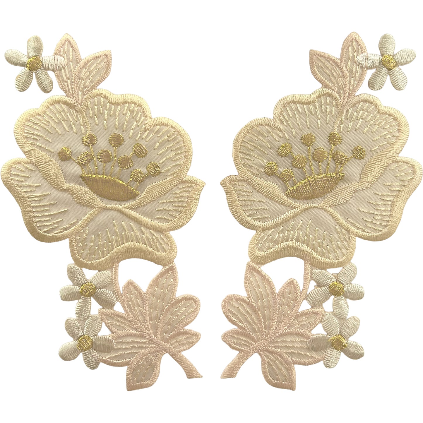 Pair of Cream Gold Flower Patches Iron Sew On Flowers Embroidered Patch Badge