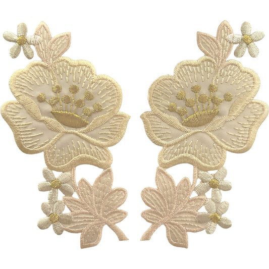 Pair of Cream Gold Flower Patches Iron Sew On Flowers Embroidered Patch Badge