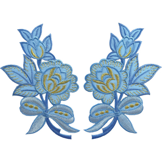 Pair of Blue Flower Patches Iron Sew On Clothes Crafts Bag Flowers Patch Badge