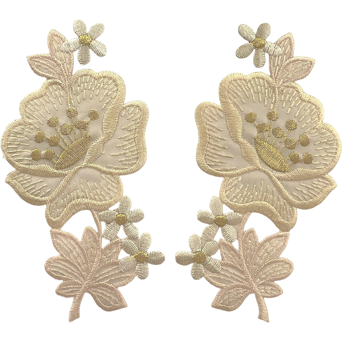 Pair of Cream Gold Flower Patches Iron Sew On Flowers Embroidered Patch Badge