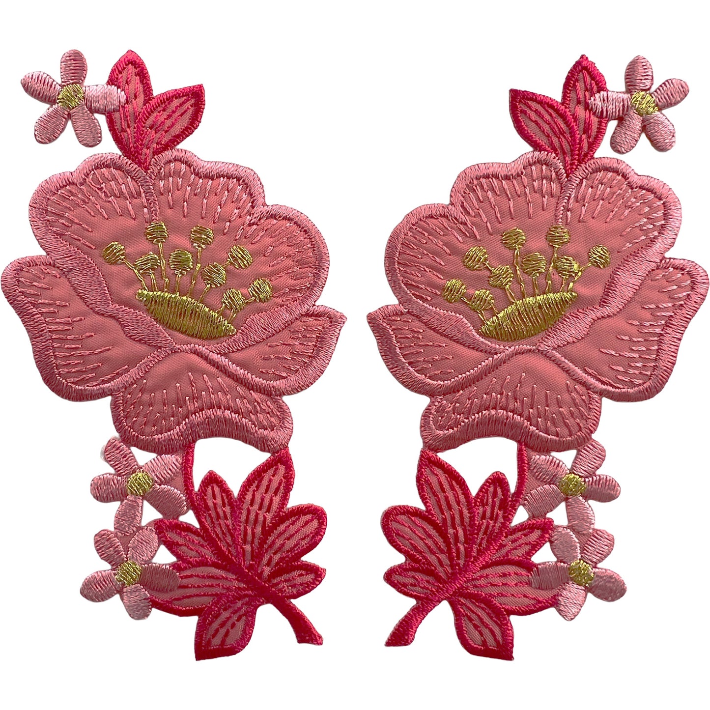 Pair of Pink Gold Flower Patches Iron Sew On Clothing Bag Flowers Patch Badge