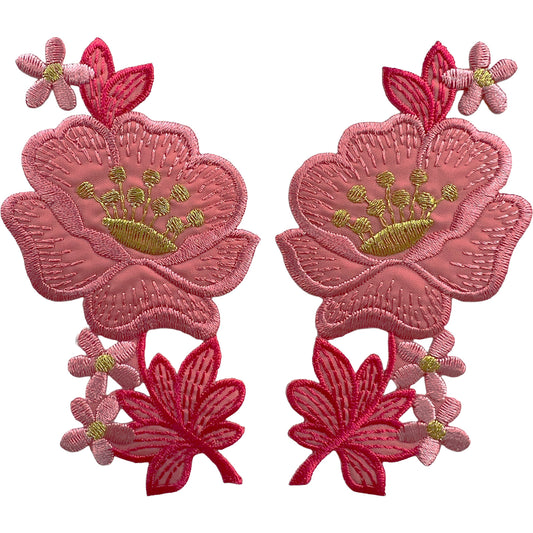 Pair of Pink Gold Flower Patches Iron Sew On Clothing Bag Flowers Patch Badge