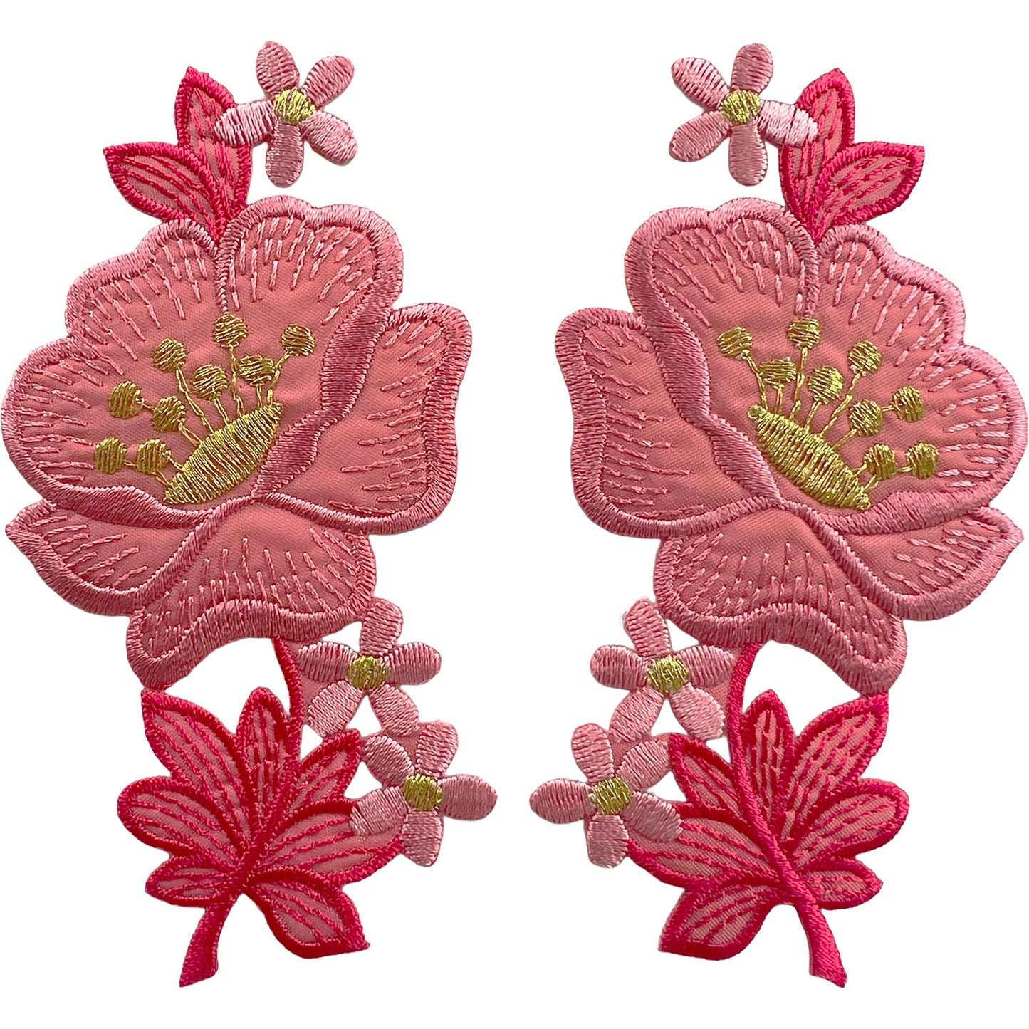 Pair of Pink Gold Flower Patches Iron Sew On Clothing Bag Flowers Patch Badge