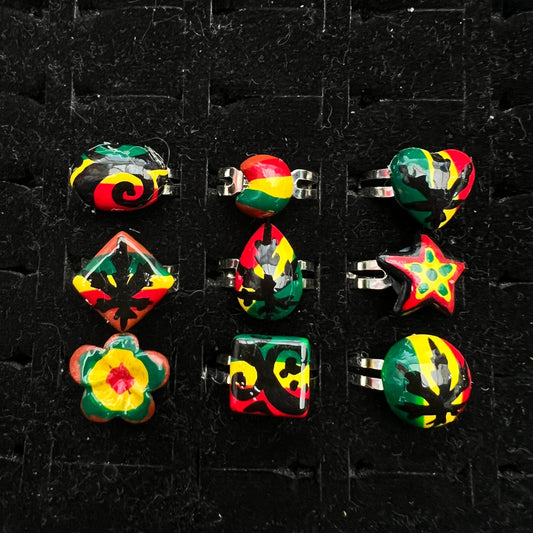 9x Rasta painted resizeable Rings weed star flower shaped Rings