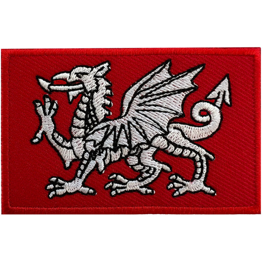 White Dragon Flag Patch Iron Sew On Welsh UK England Wales Bag Embroidered Badge