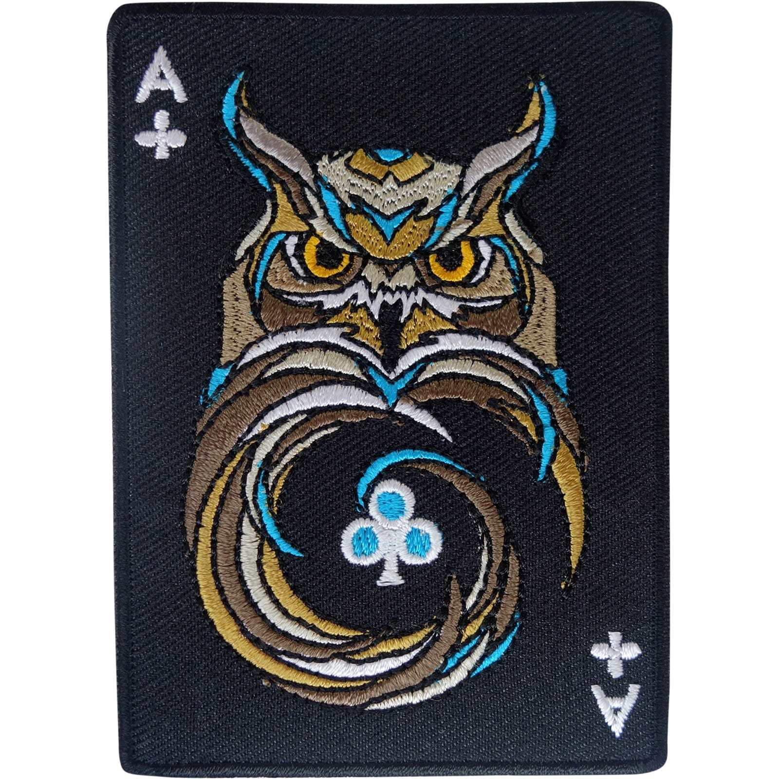 Ace of Clubs Owl Patch Iron Sew On Clothes Black Playing Card Embroidered Badge
