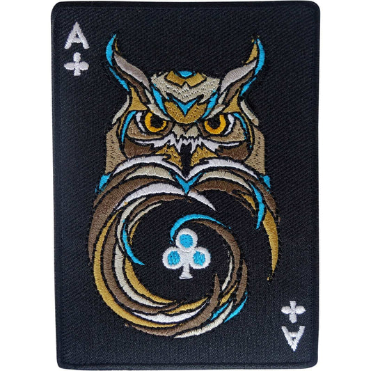 Ace of Clubs Owl Patch Iron Sew On Clothes Black Playing Card Embroidered Badge