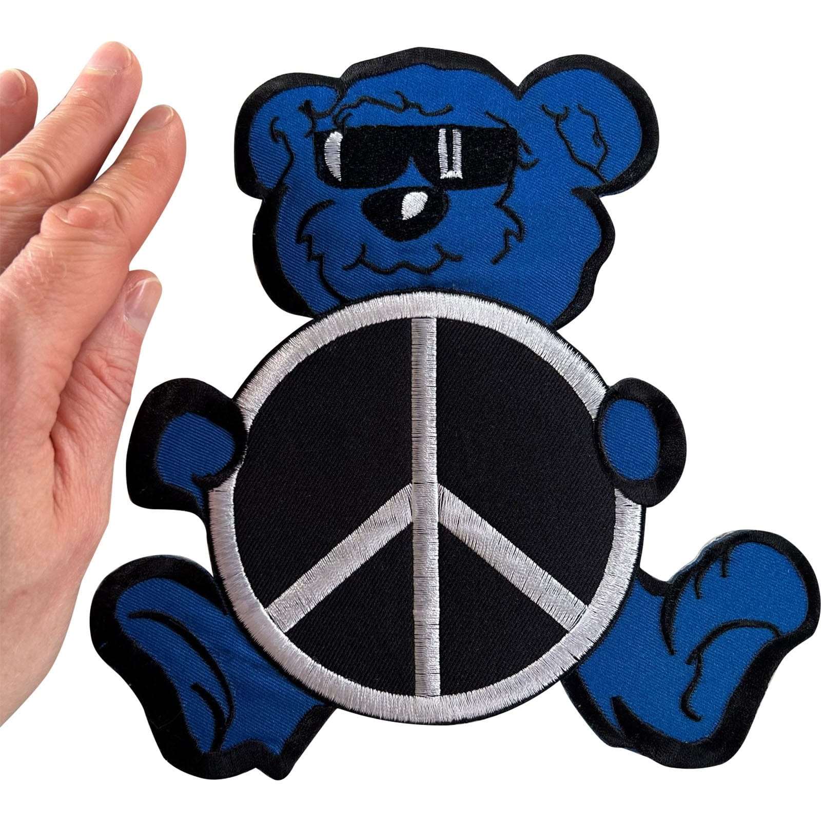 Big Large Blue Teddy Bear Peace Sign Patch Iron Sew On Clothes Embroidered Badge