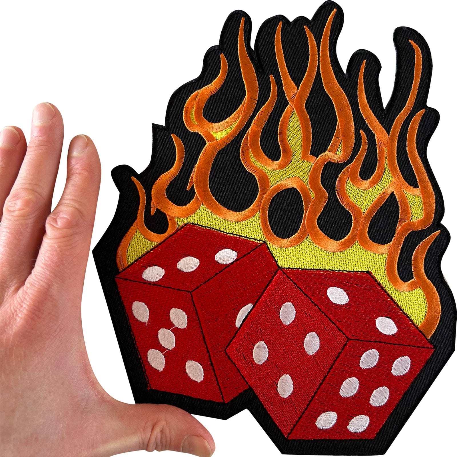 Big Large Flaming Dice Iron Sew On Jacket Patch Fire Flames Embroidered Badge