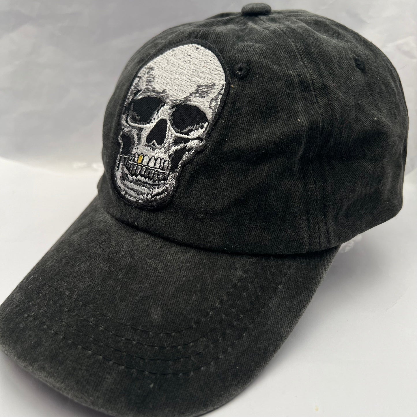 Black Baseball Cap Grey Skull Embroidered patch on Cap one size Hat Unisex Cap
