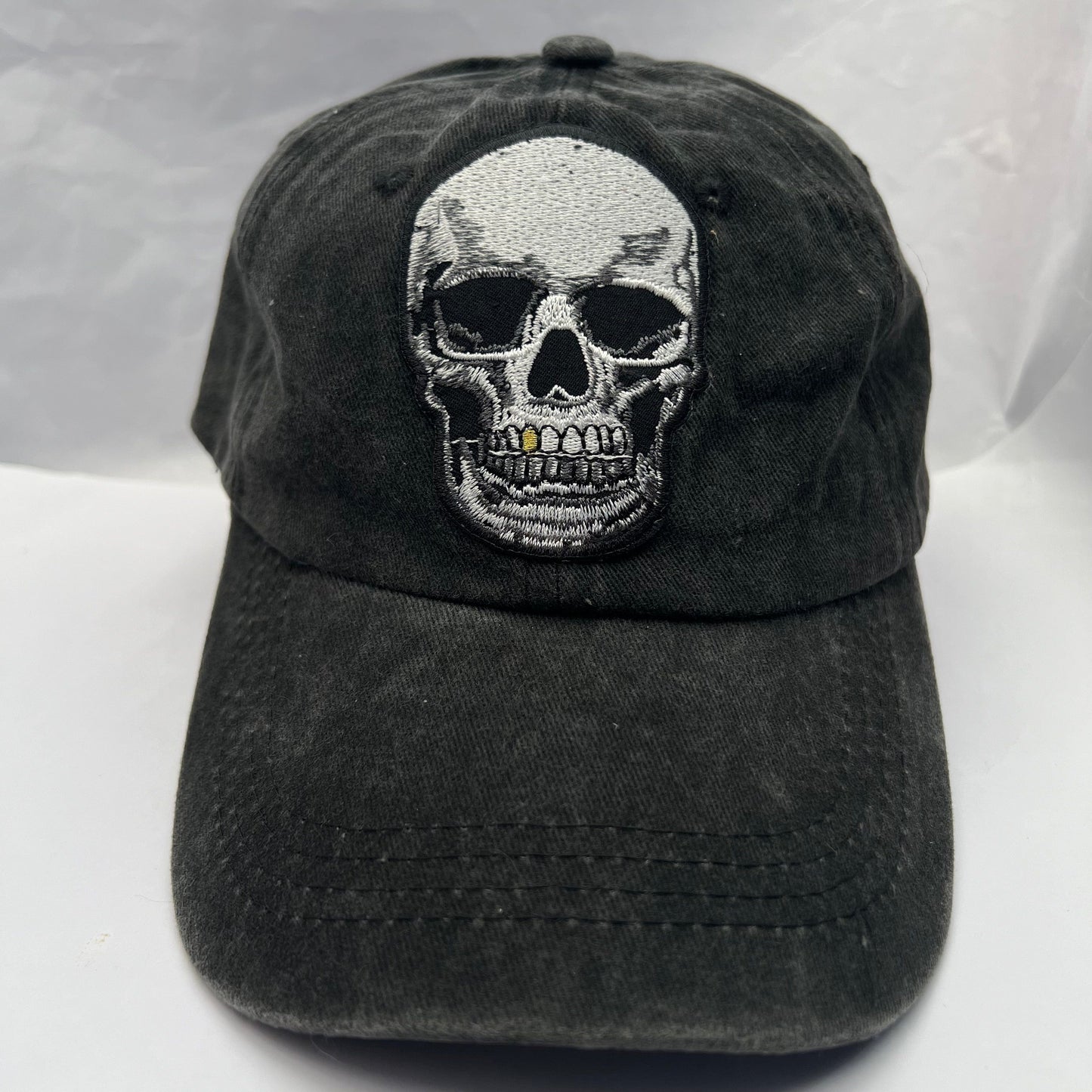 Black Baseball Cap Grey Skull Embroidered patch on Cap one size Hat Unisex Cap