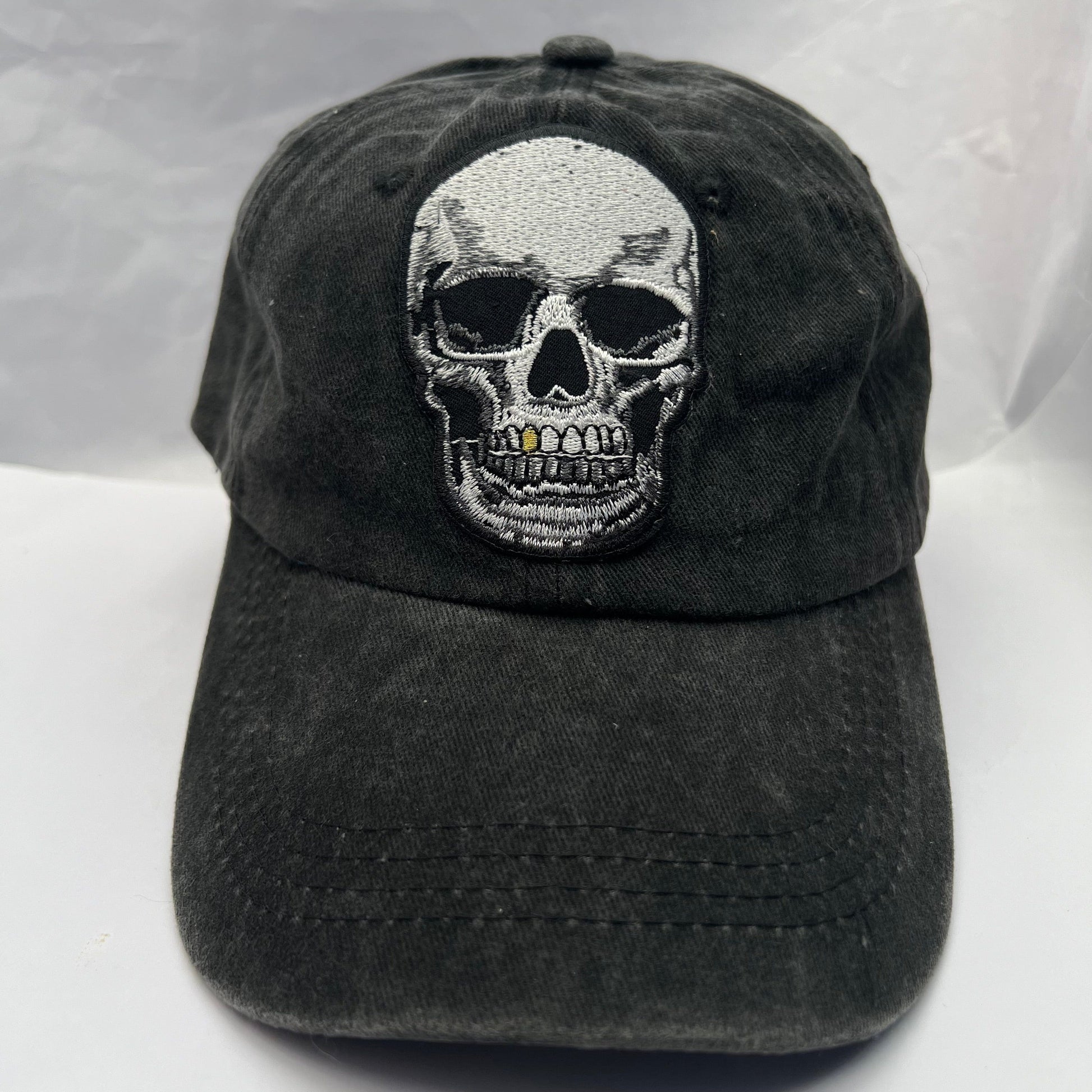 Black Baseball Cap Grey Skull Embroidered patch on Cap one size Hat Unisex Cap