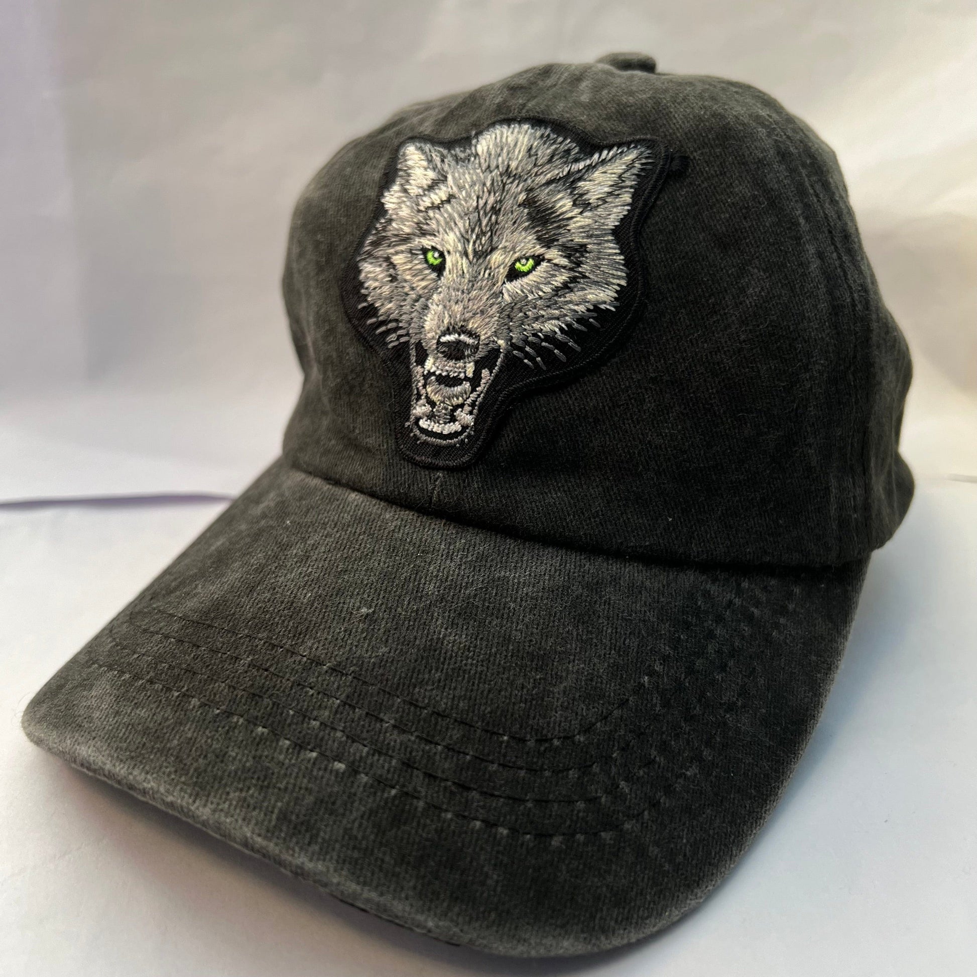 Black Baseball Hat Grey Wolf Embroidered Patch on Cap one size