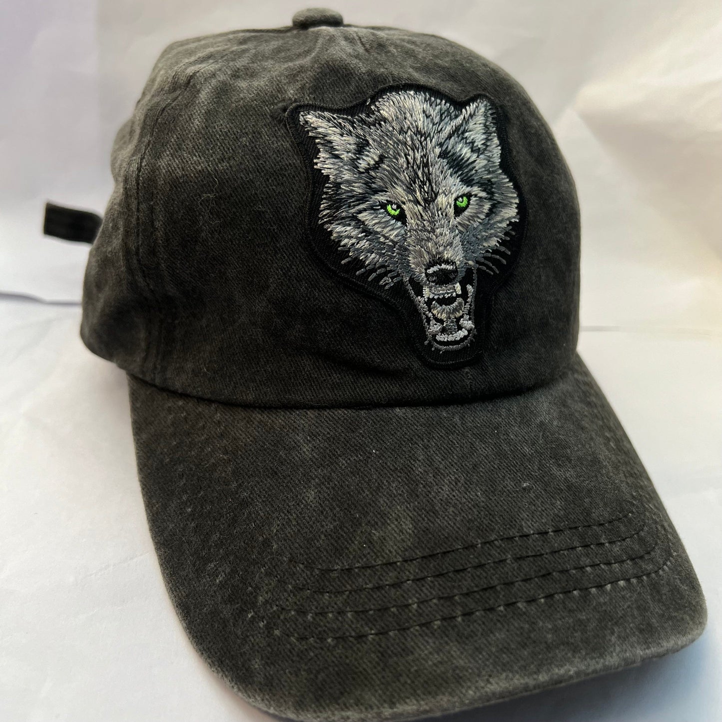 Black Baseball Hat Grey Wolf Embroidered Patch on Cap one size
