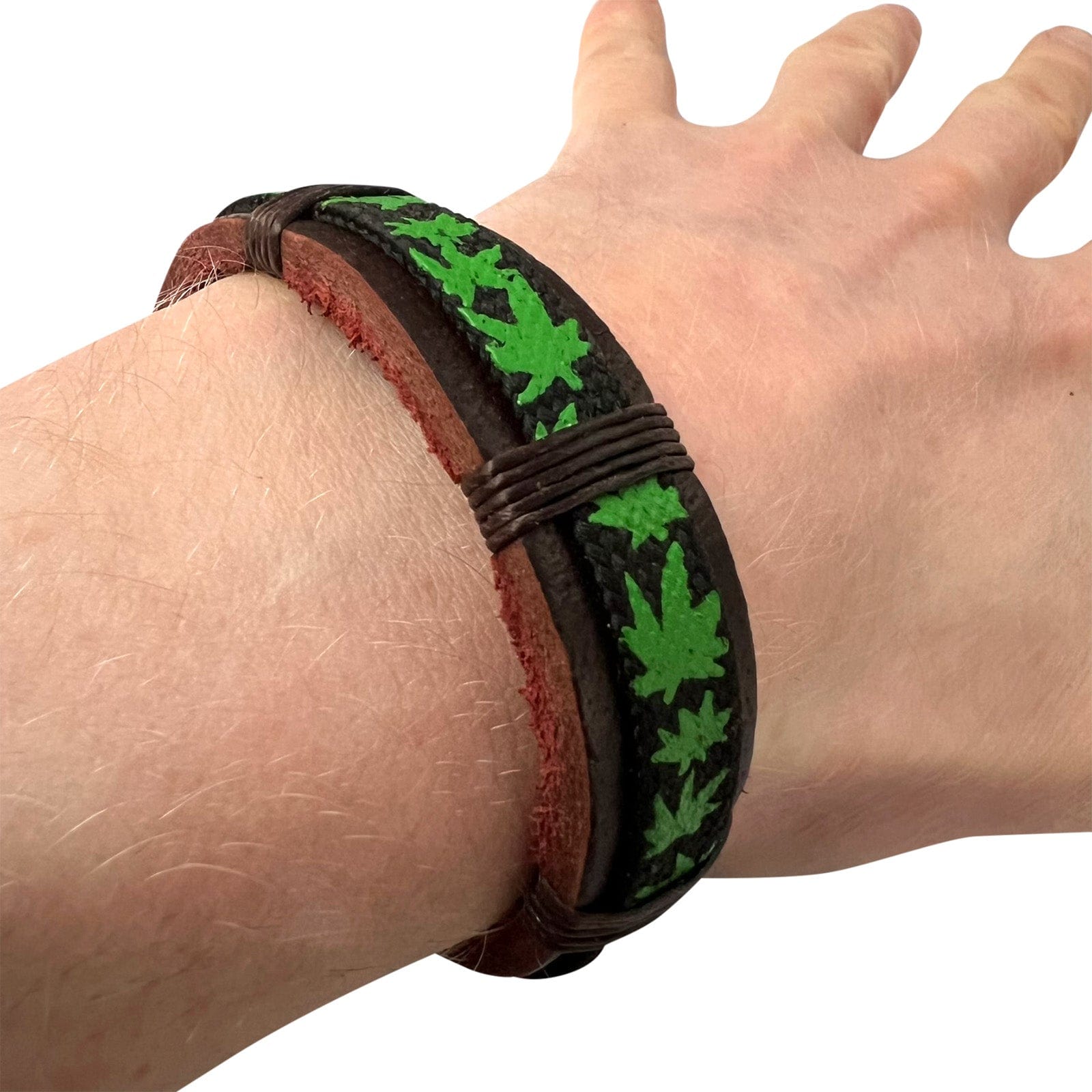 Black Brown Leather Green Cannabis Leaf Bracelet Wristband Bangle Mens Jewellery
