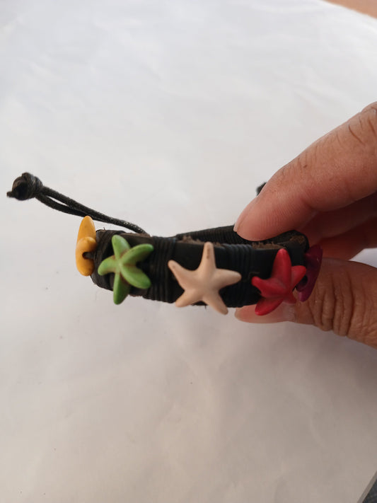 Black leather bracelet with colourful star charm handmade wristband jewellery for unisex