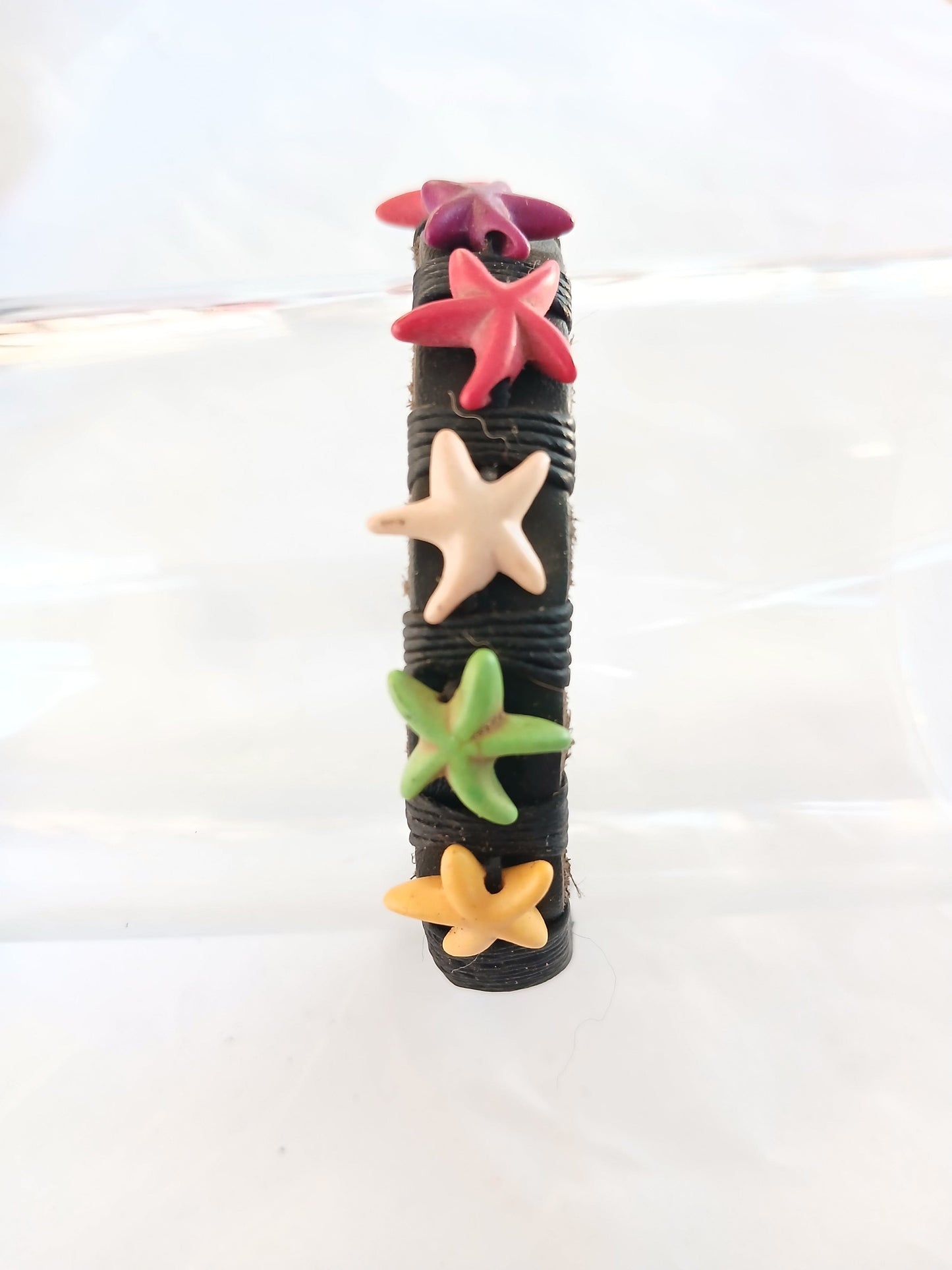 Black leather bracelet with colourful star charm handmade wristband jewellery for unisex