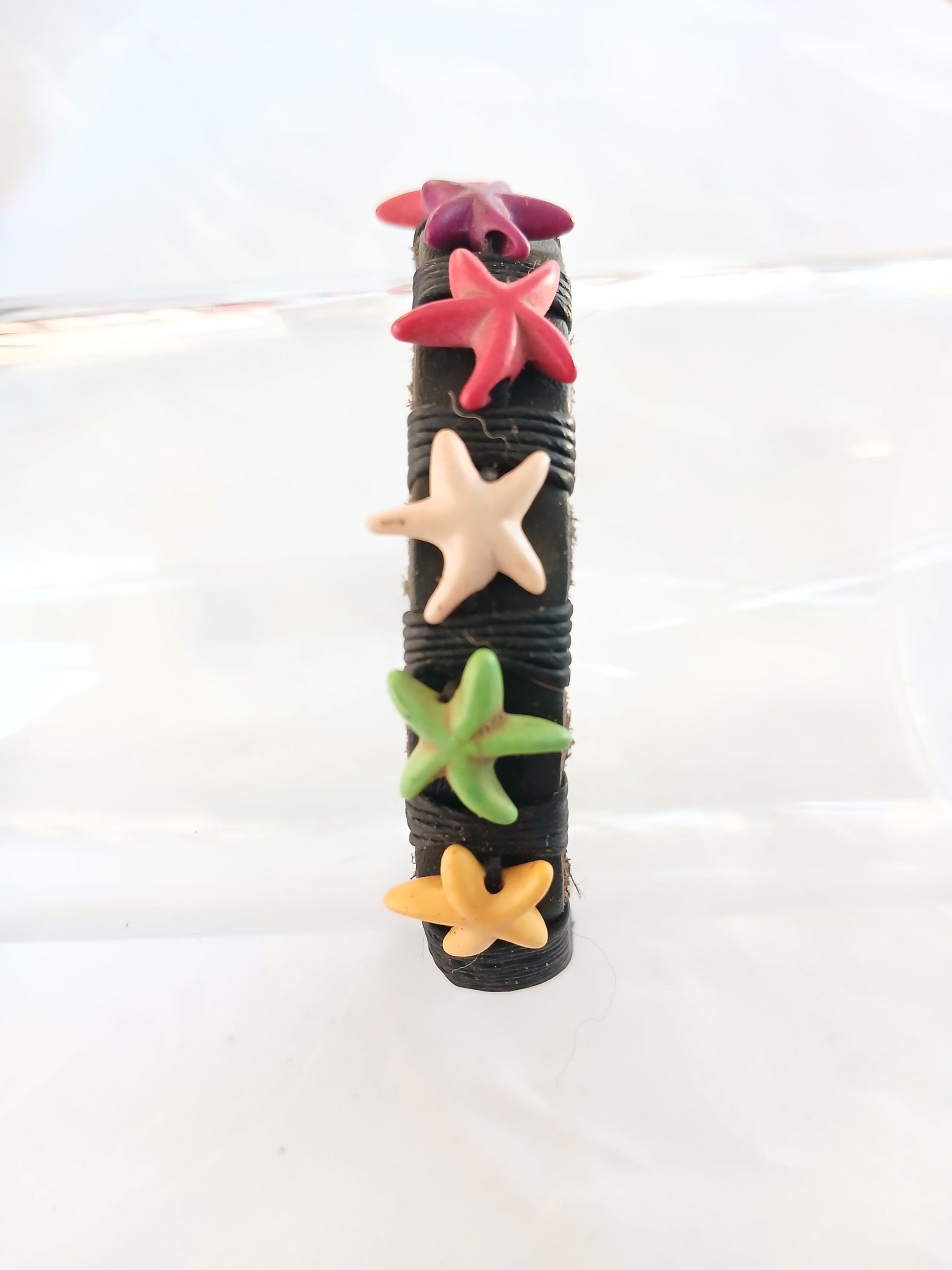 Black leather bracelet with colourful star charm handmade wristband jewellery for unisex