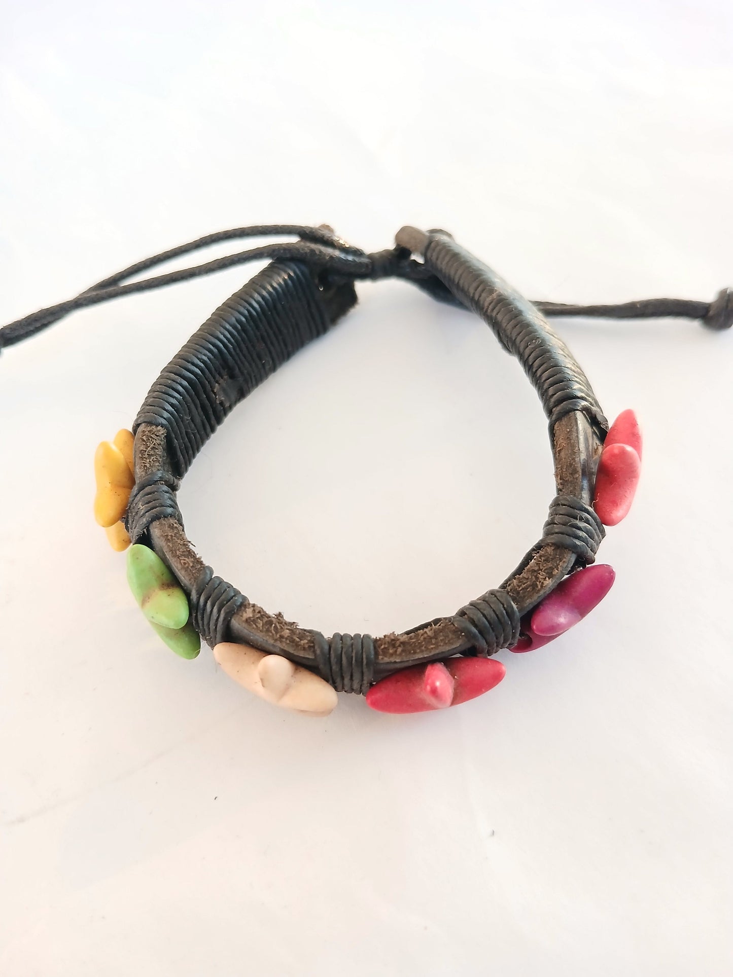 Black leather bracelet with colourful star charm handmade wristband jewellery for unisex