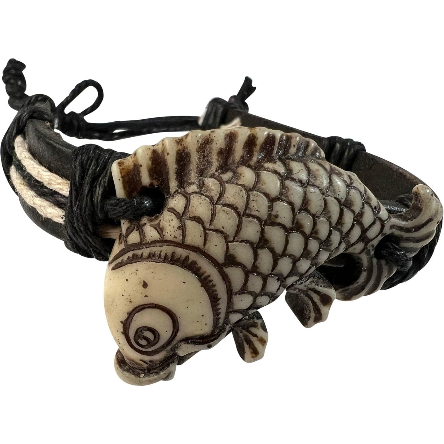 Black Leather Fish Bracelet Wristband Bangle Mens Womens Boys Fishing Jewellery