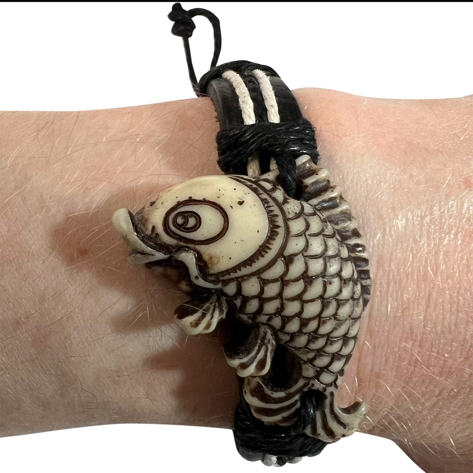 Black Leather Fish Bracelet Wristband Bangle Mens Womens Boys Fishing Jewellery